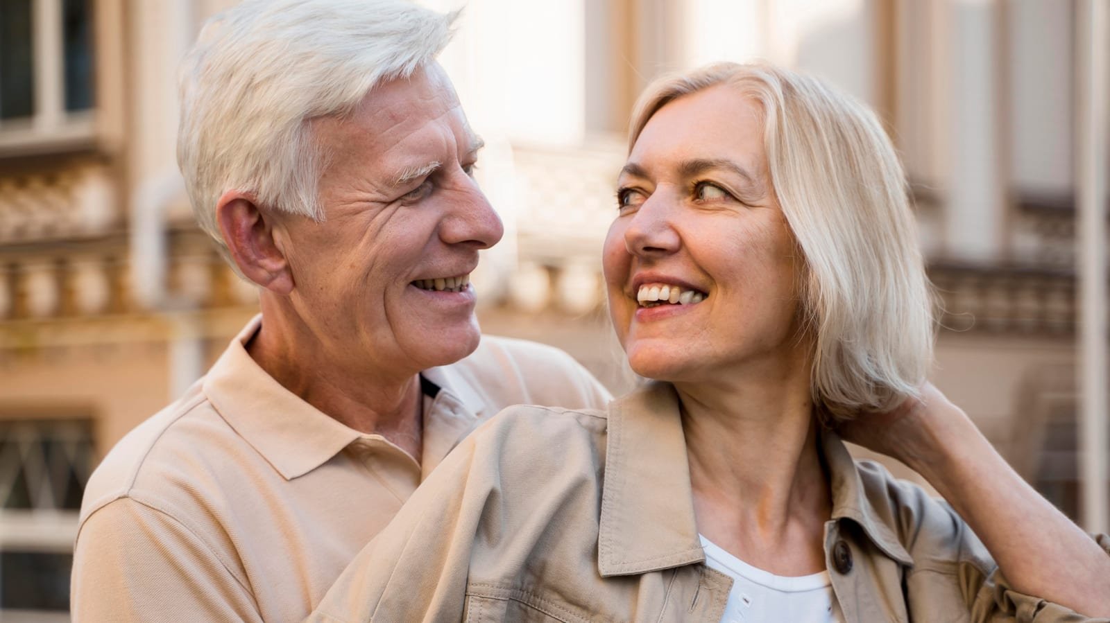 Mature woman and man sharing a happy, relaxed moment