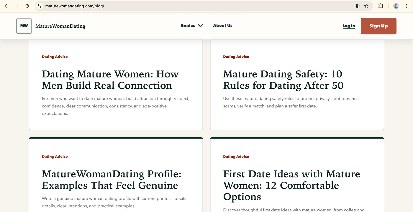 MatureWomanDating blog cards with dating advice articles