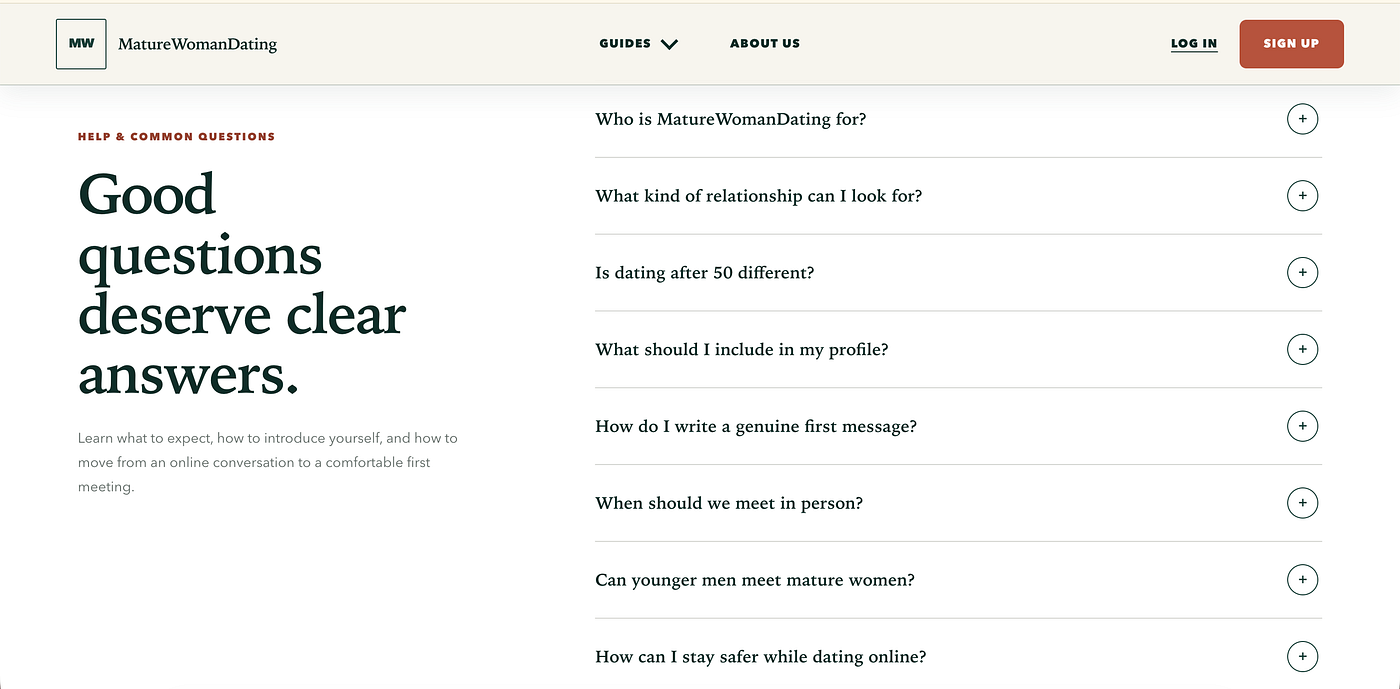 Frequently asked questions section on MatureWomanDating
