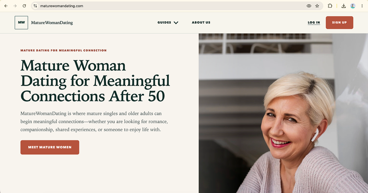 MatureWomanDating homepage showing its mature dating headline and hero image