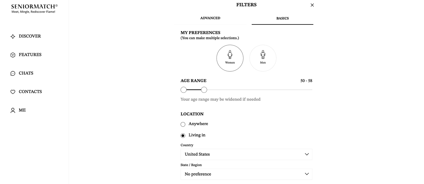 Member search filters for age range and location