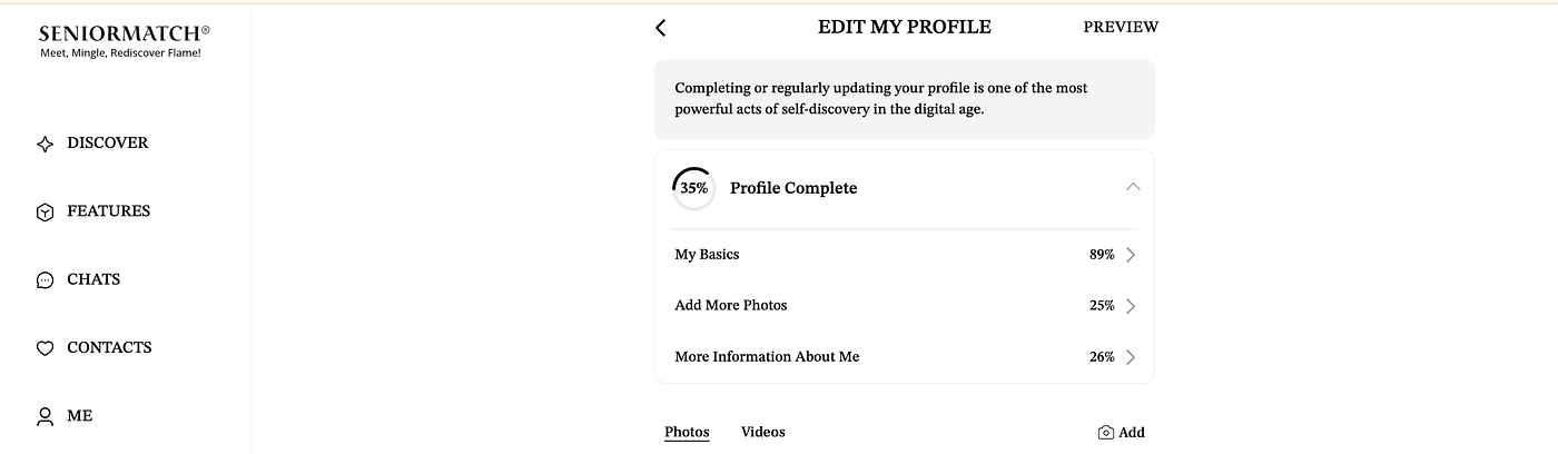 Member profile completion screen with personal details removed from view